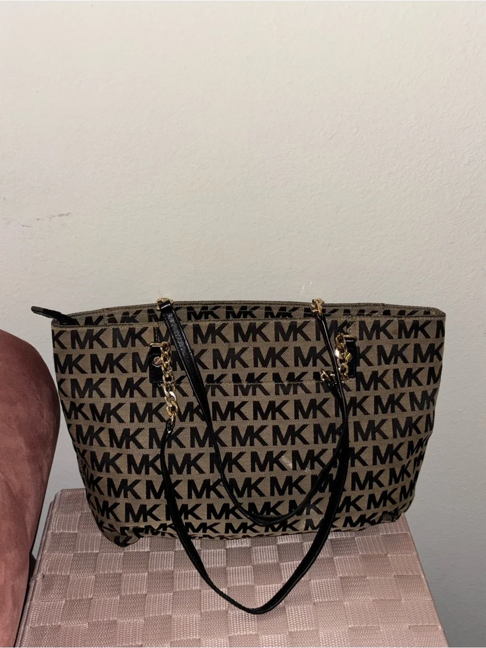 Vintage Michael Kors Tan and Black MK Logo Tote with Gold Accents